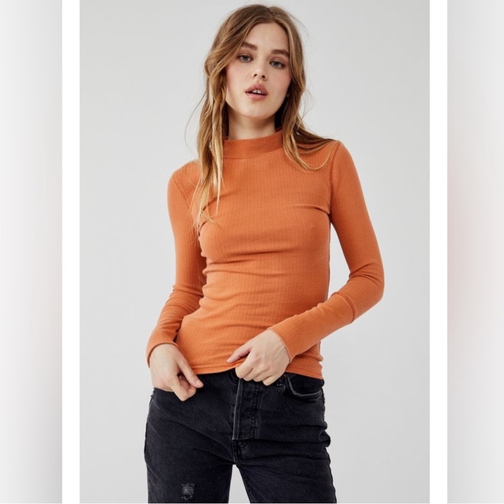 Free People Burnt Orange Long Sleeve Mock Neck Top